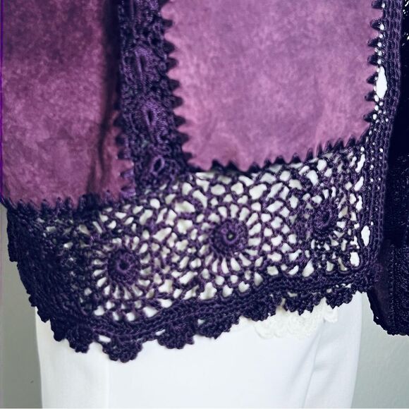 90s 70s Suede Crochet Patch Plum Boho Lagenlook Open Oversized Jacket M Xl Vtg - Picture 5 of 9